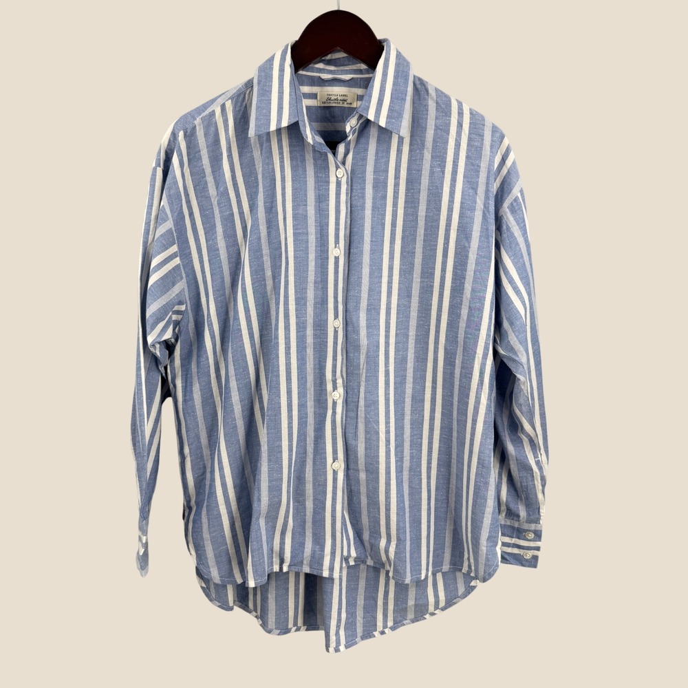 Shuttle Notes Women's Blue White Stripe Oversized Button Down Shirt Japan